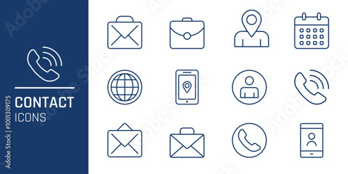 Contact thin line icons set. Communication isolated icons set. Phone, website, message, chat, location, calendar symbol. Vector