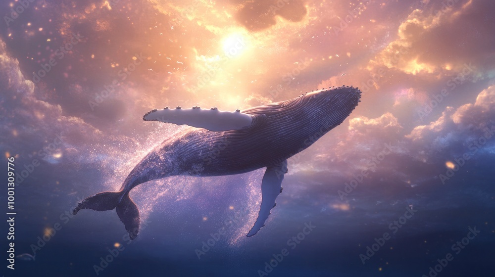 Fototapeta premium Humpback whale breaking ocean surface, splashing water and light reflections