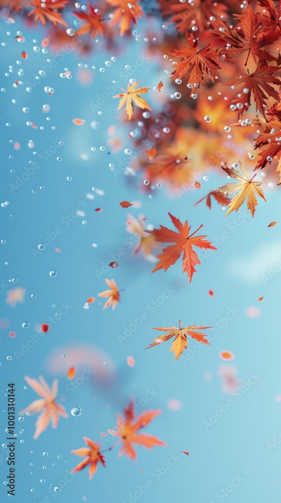 Orange and red autumn leaves gently floating in the air against a blue sky with sparkling water droplets, representing a calm and peaceful fall scene. Orange and red autumn leaves gently floating in the air against a blue sky with sparkling water droplets, representing a calm and peaceful fall scene.