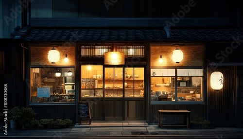 Japanese Street Food Stall at Night. Traditional Japanese Restaurant. Small Japanese Restaurant Facade. Japanese Lantern Lit Night