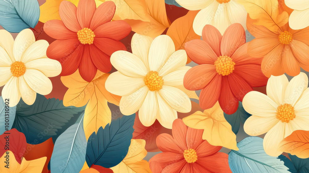 Bright and vibrant floral pattern featuring a mix of orange, yellow, and red blooms with lush green leaves, perfect for seasonal decor and design projects Bright and vibrant floral pattern featuring a mix of orange, yellow, and red blooms with lush green leaves, perfect for seasonal decor and design projects