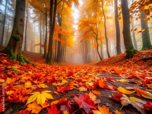 Vibrant orange, yellow, and red leaves scattered on a mystical forest floor, surrounded by foggy mist, evoking a