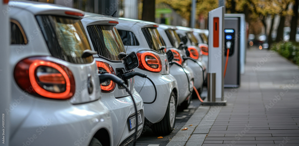 Fototapeta premium A row of electric vehicles charging at a public charging station, connected by a single cable, symbolizing the compact nature and forms of these cars. 