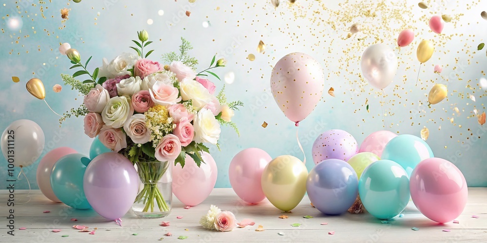 Vibrant pastel balloons, flowers, and confetti adorn a soft, white background, creating a joyful and celebratory Vibrant pastel balloons, flowers, and confetti adorn a soft, white background, creating a joyful and celebratory