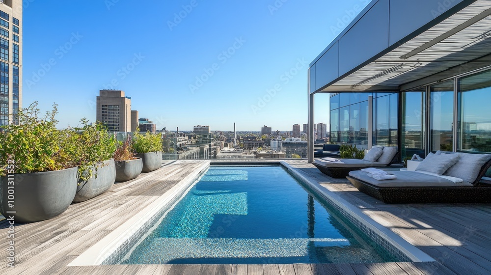 Obraz premium Rooftop deck with a private infinity pool, offering a full view of nearby city buildings and bright blue skies, with a modern, clean aesthetic.