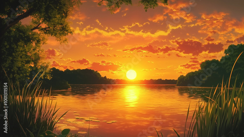 Sunset Symphonies and Reflective Melodies by the Lake. Sunset anime lake with golden hour view
