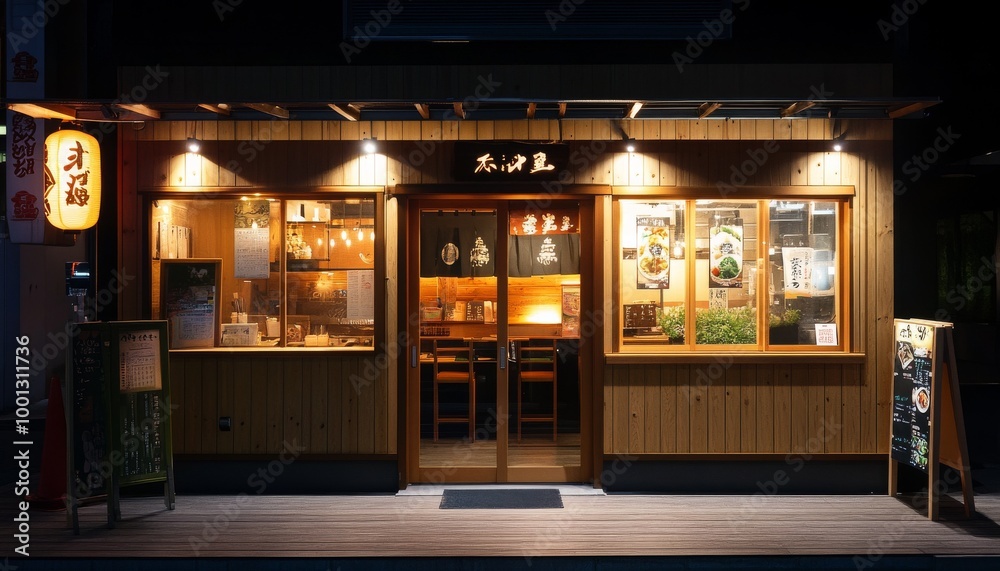 Japanese Street Food Stall at Night. Traditional Japanese Restaurant. Small Japanese Restaurant Facade. Japanese Lantern Lit Night Japanese Street Food Stall at Night. Traditional Japanese Restaurant. Small Japanese Restaurant Facade. Japanese Lantern Lit Night