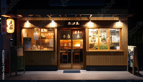 Japanese Street Food Stall at Night. Traditional Japanese Restaurant. Small Japanese Restaurant Facade. Japanese Lantern Lit Night