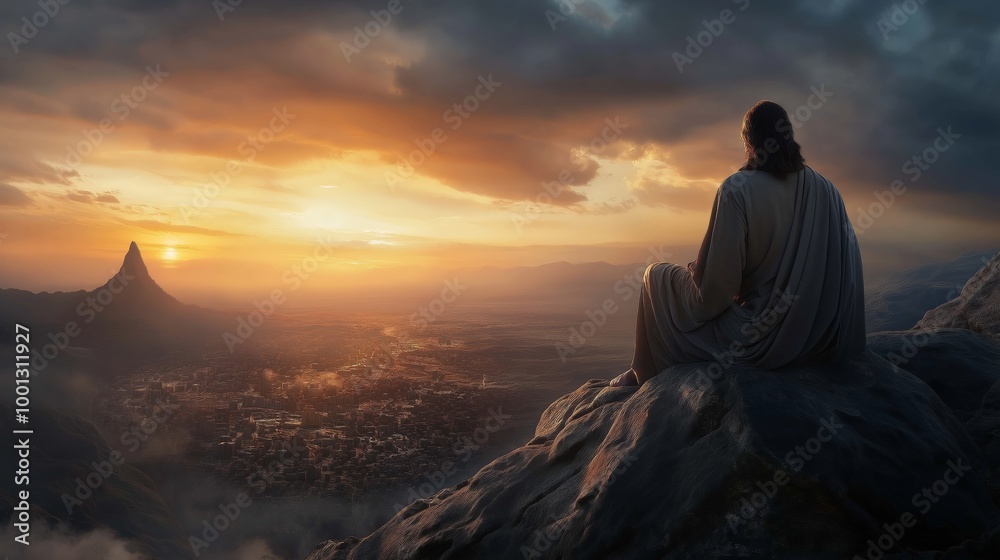 The view from the top of the world's kingdoms fading as Jesus faces the camera, His back to them, God's eternal kingdom The view from the top of the world's kingdoms fading as Jesus faces the camera, His back to them, God's eternal kingdom