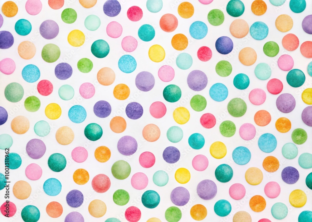 Vibrant pastel polka dots of varying sizes and colors scatter across a white background, creating a playful, whimsical, Vibrant pastel polka dots of varying sizes and colors scatter across a white background, creating a playful, whimsical,