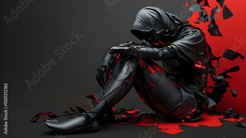 Surreal 3D image of abstract young woman in torn and fluttering fabric in black, white and red tones