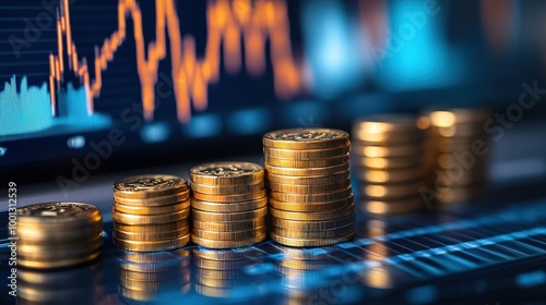 Stacks of golden coins arranged neatly, displaying growth against a backdrop of financial graphs and data, symbolizing wealth and investment.