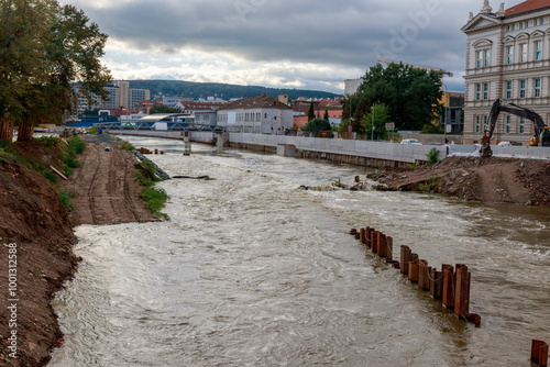 Flood wall in river basin of Svratka, Brno, Czech republic, floods after storm Boris, September 15, 2024.