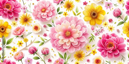 Vibrant pink and yellow blossoms scattered across a soft, creamy white background, creating a whimsical and inviting