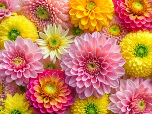 Vibrant pink and yellow flowers with delicate petals and soft green leaves create a stunning, whimsical, and serene