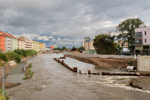 Flood wall in river basin of Svratka, Brno, Czech republic, floods after storm Boris, September 15, 2024.