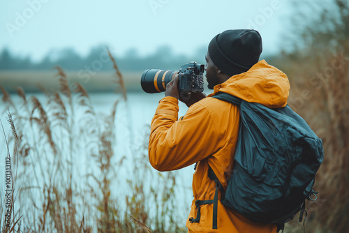 Black Photographer Prearing to take a Shot at Lake photo