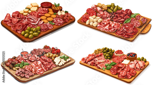 Four different platters of food, including meats, cheeses, and vegetables. The platters are arranged in a way that makes them look like a buffet