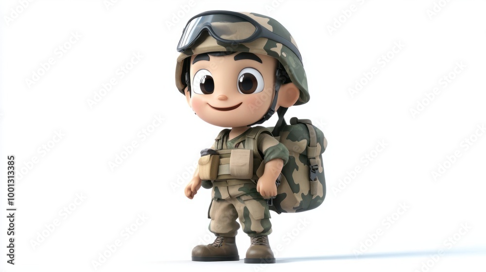 Adorable military cartoon with a backpack and helmet, ready for an adventure, isolated on a white background. Adorable military cartoon with a backpack and helmet, ready for an adventure, isolated on a white background.