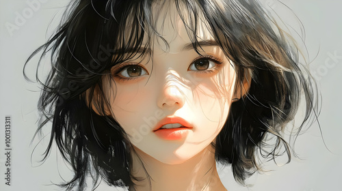 Digital Art: Short Hair, Brown Eyes, and a Soft Expression