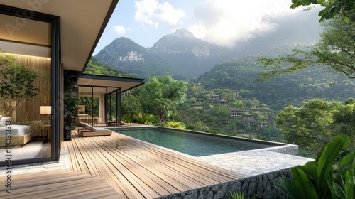 Wooden deck with a pool, framed by mountainside buildings, as distant thoughts of flight and dreams hover over the peaceful scene.