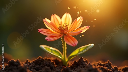 Generative AI, a flower that is growing out of the ground in the dirt with the sun shining in the a flower that is growing background and a blurry background, sun, a macro photograph, art photography
 photo