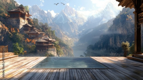 Wooden deck with a pool, framed by mountainside buildings, as distant thoughts of flight and dreams hover over the peaceful scene.
