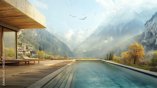 Wooden deck with a pool, framed by mountainside buildings, as distant thoughts of flight and dreams hover over the peaceful scene.
