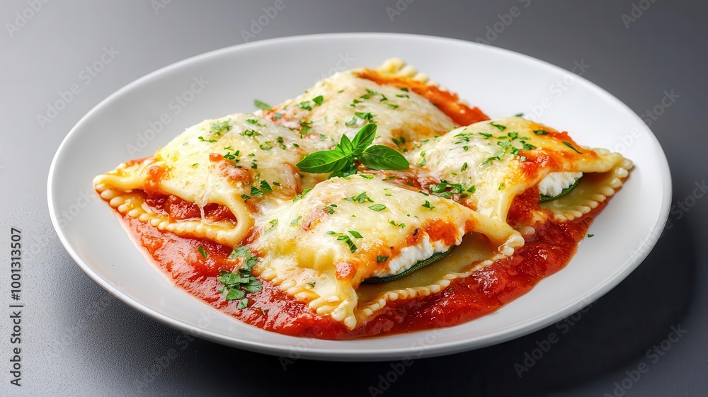 Zucchini ravioli stuffed with ricotta and basil, plated with a drizzle of marinara sauce and shaved parmesan, finished with a garnish of fresh parsley, 3D illustration Zucchini ravioli stuffed with ricotta and basil, plated with a drizzle of marinara sauce and shaved parmesan, finished with a garnish of fresh parsley, 3D illustration