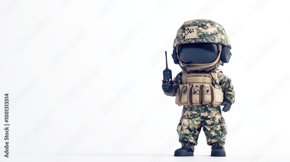 Adorable military character in camouflage gear, holding a tiny walkie-talkie, isolated on a clean white background. Adorable military character in camouflage gear, holding a tiny walkie-talkie, isolated on a clean white background.