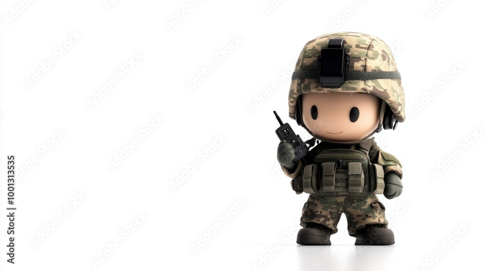Adorable military character in camouflage gear, holding a tiny walkie-talkie, isolated on a clean white background. Adorable military character in camouflage gear, holding a tiny walkie-talkie, isolated on a clean white background.