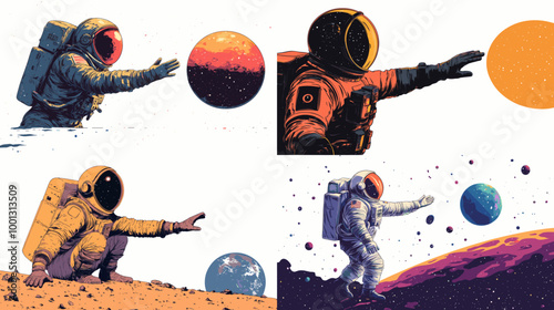 A series of four images of a man in a space suit reaching for a ball. The first image shows the man in a white suit reaching for a ball in the air