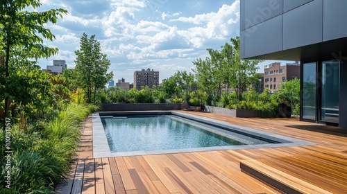 Wooden deck with a rectangular pool, bordered by greenery, with distant apartment buildings creating a peaceful urban retreat. 669a18cfc9bc