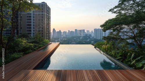 Wooden deck with a rectangular pool, bordered by greenery, with distant apartment buildings creating a peaceful urban retreat. 669a18cfc9bc