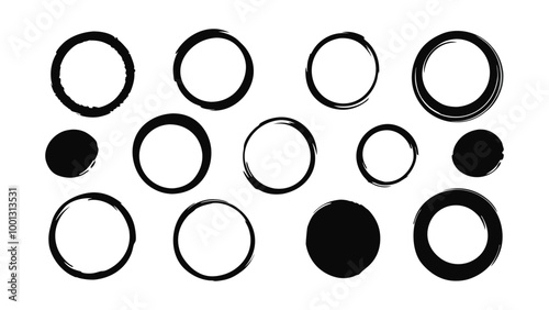  Hand drawn Grunge circles brush set. Black circle frames. Round line of black paint. Grunge round shapes isolated flat vector illustration on white background.