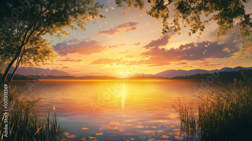 Sunset Symphonies and Reflective Melodies by the Lake. Sunset anime lake with golden hour view 