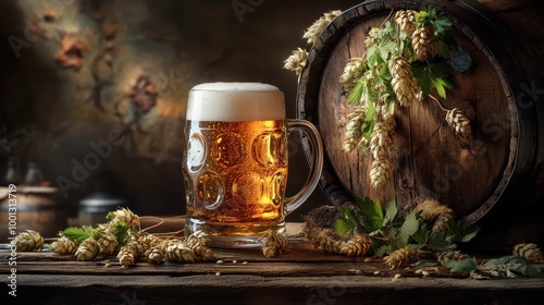 A beautiful photograph of beer with hops and grains on a wooden table near an old barrel, captured in high resolution, high detail, and high quality.