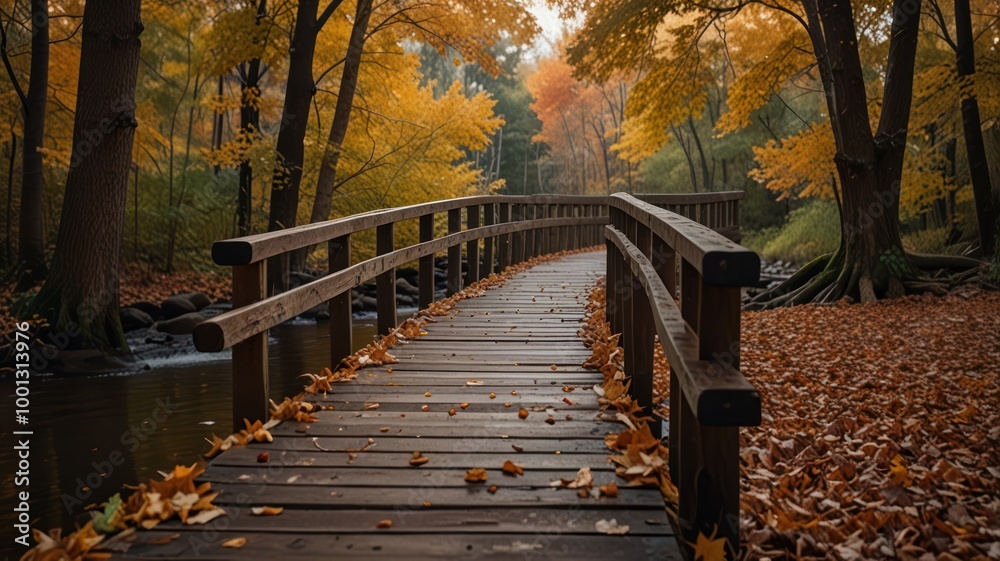 Fototapeta premium Wooden Bridge in Autumn Forest