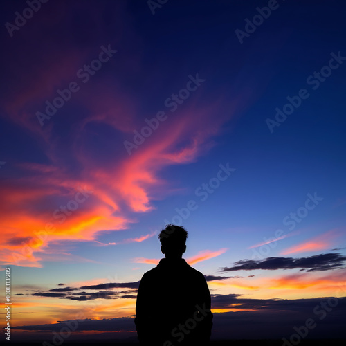 Man standing in silhouette looking at vibrant sunset sky