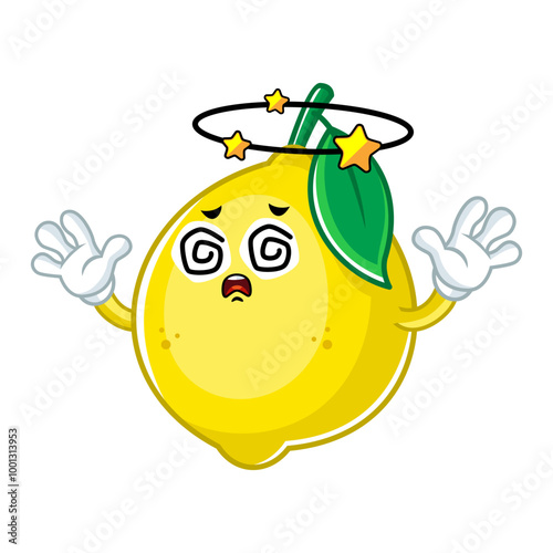 Dizzy cartoon lemon with stars swirling around head, funny fruit character illustration.