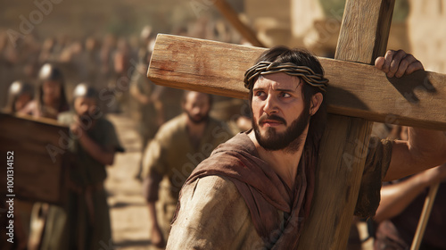 the moment Simon of Cyrene is compelled to help carry the cross
