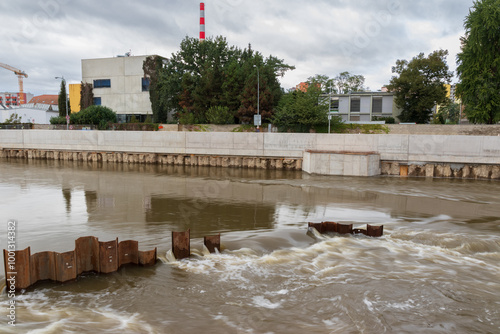 Flood wall in river basin of Svratka, Brno, Czech republic, floods after storm Boris, September 15, 2024.