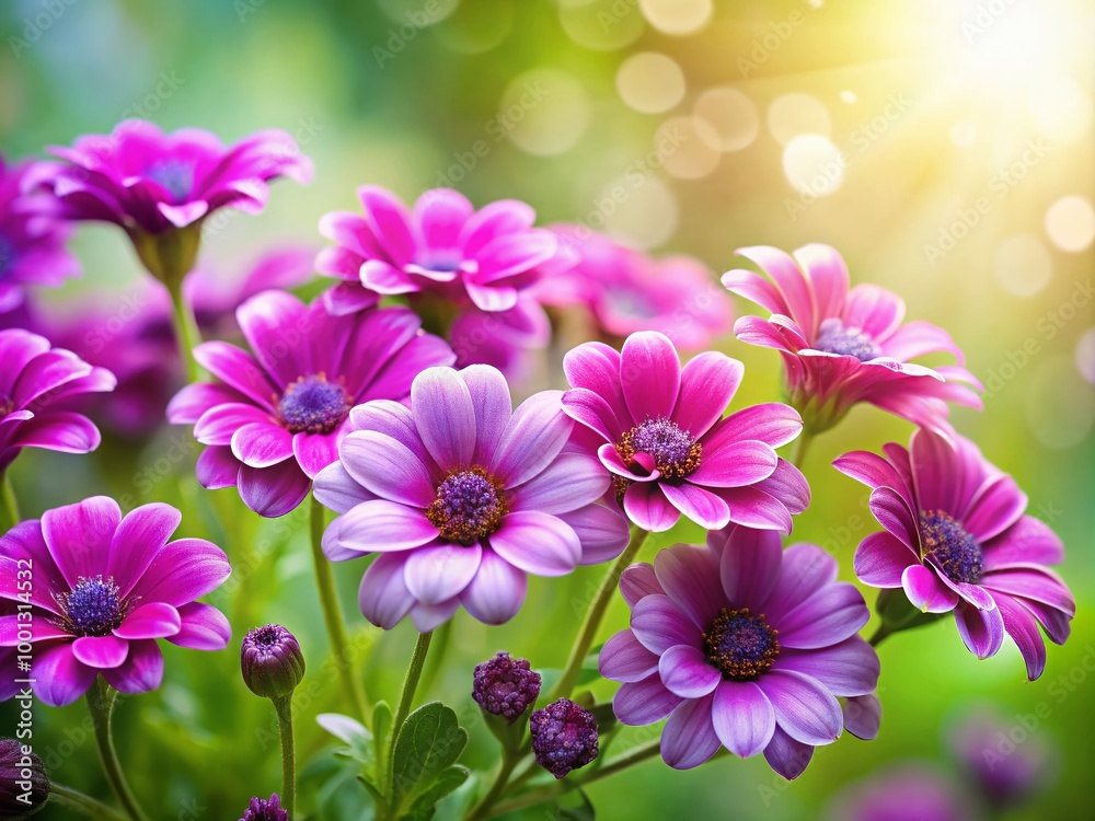 Vibrant purple and pink blooms with delicate petals and soft green leaves on a gentle, blurred background, perfect Vibrant purple and pink blooms with delicate petals and soft green leaves on a gentle, blurred background, perfect