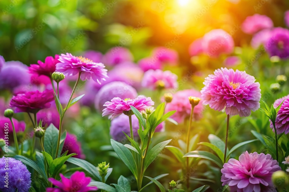 Vibrant purple and pink flowers bloom amidst lush green foliage, creating a serene and colorful nature background with Vibrant purple and pink flowers bloom amidst lush green foliage, creating a serene and colorful nature background with