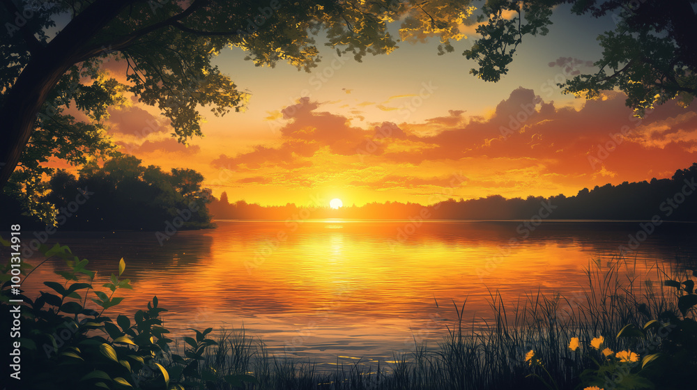Sunset Symphonies and Reflective Melodies by the Lake. Sunset anime lake with golden hour view
