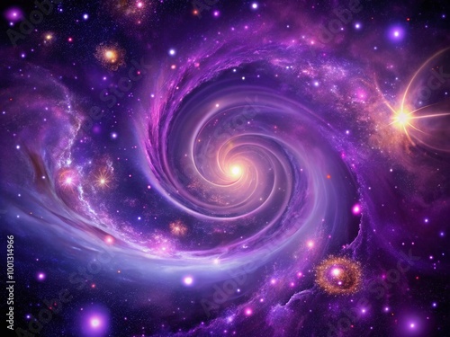 Vibrant purple galaxy background with majestic swirls of gas and dust, with twinkling stars and celestial bodies in photo