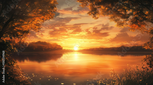 Sunset Symphonies and Reflective Melodies by the Lake. Sunset anime lake with golden hour view
