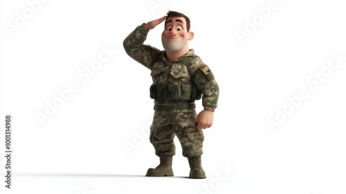 Cheerful military cartoon character saluting in full camouflage gear, isolated on a clean white background. photo