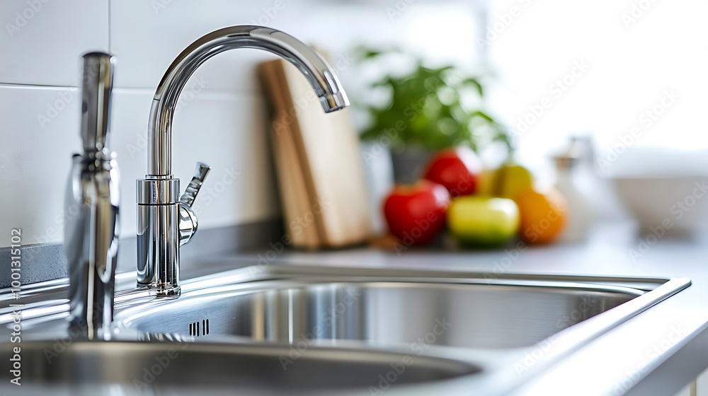 Reflective Chrome Sink in a Chic Modern Kitchen Closeup