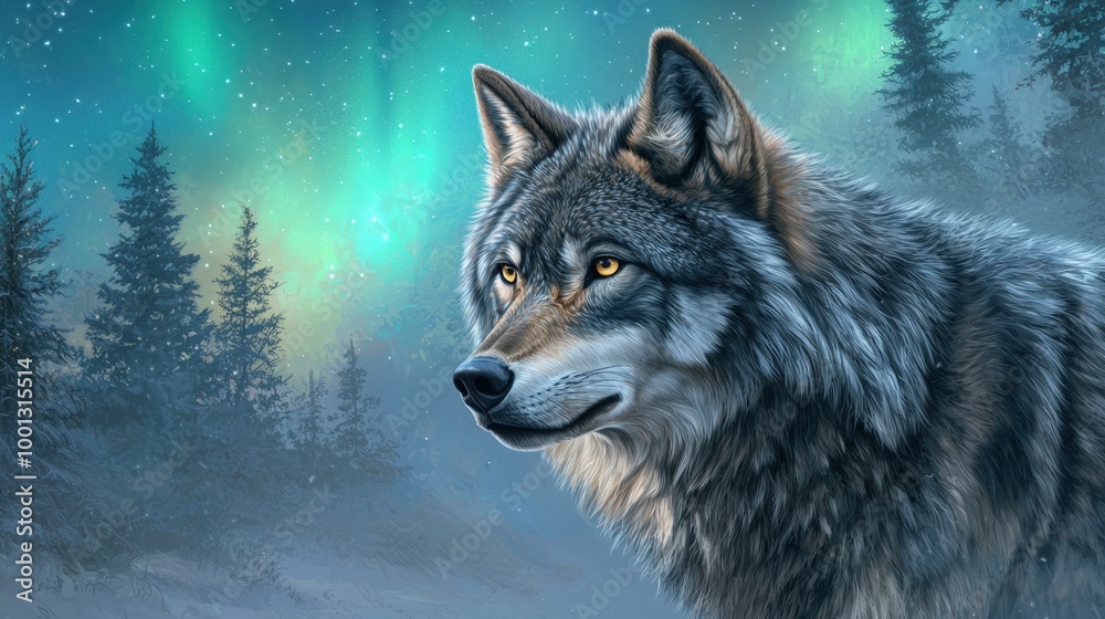 Fototapeta premium Majestic wolf gazes at the northern lights under a starlit sky in a tranquil forest